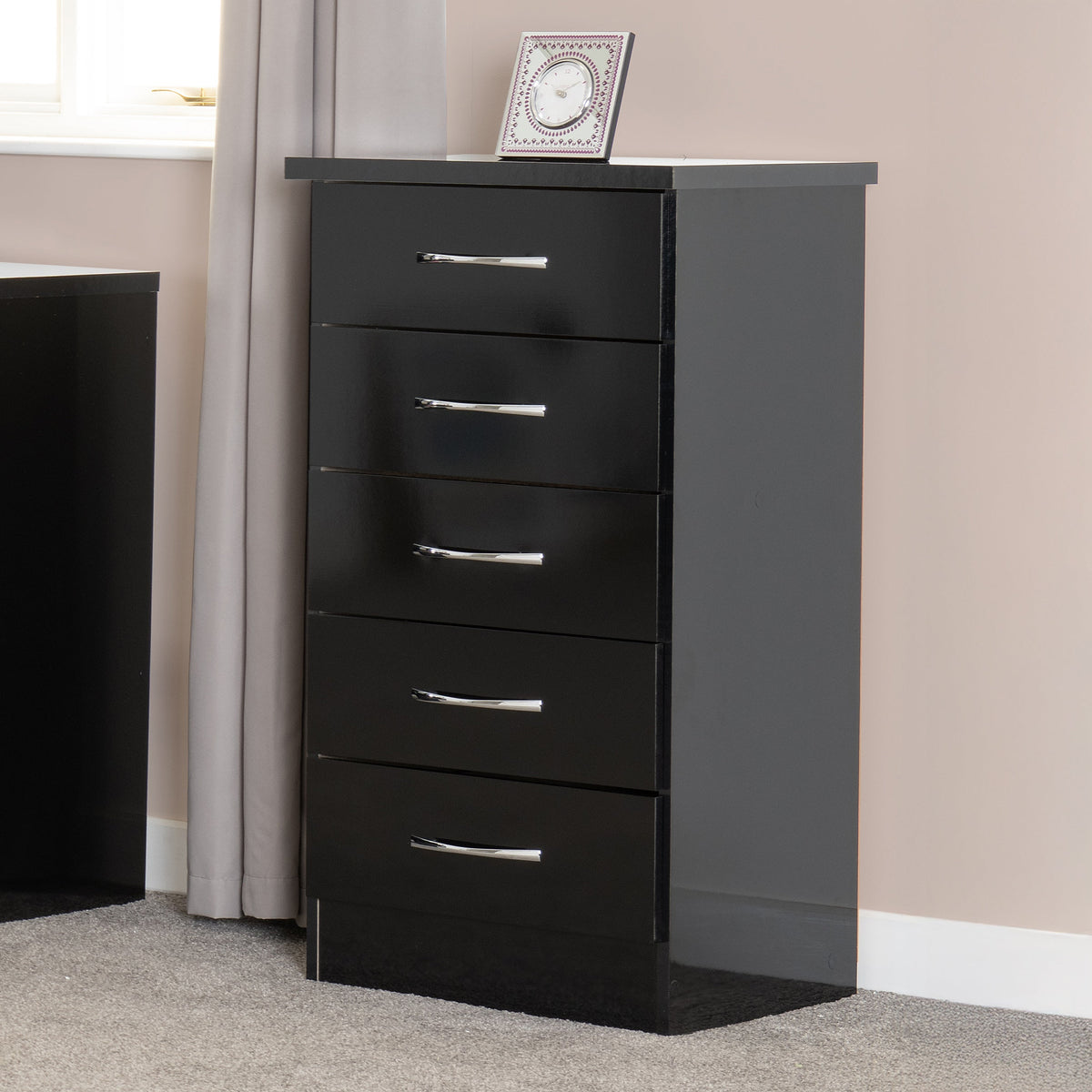 Nevada 5 Drawer Narrow Chest - Black Gloss - view 3