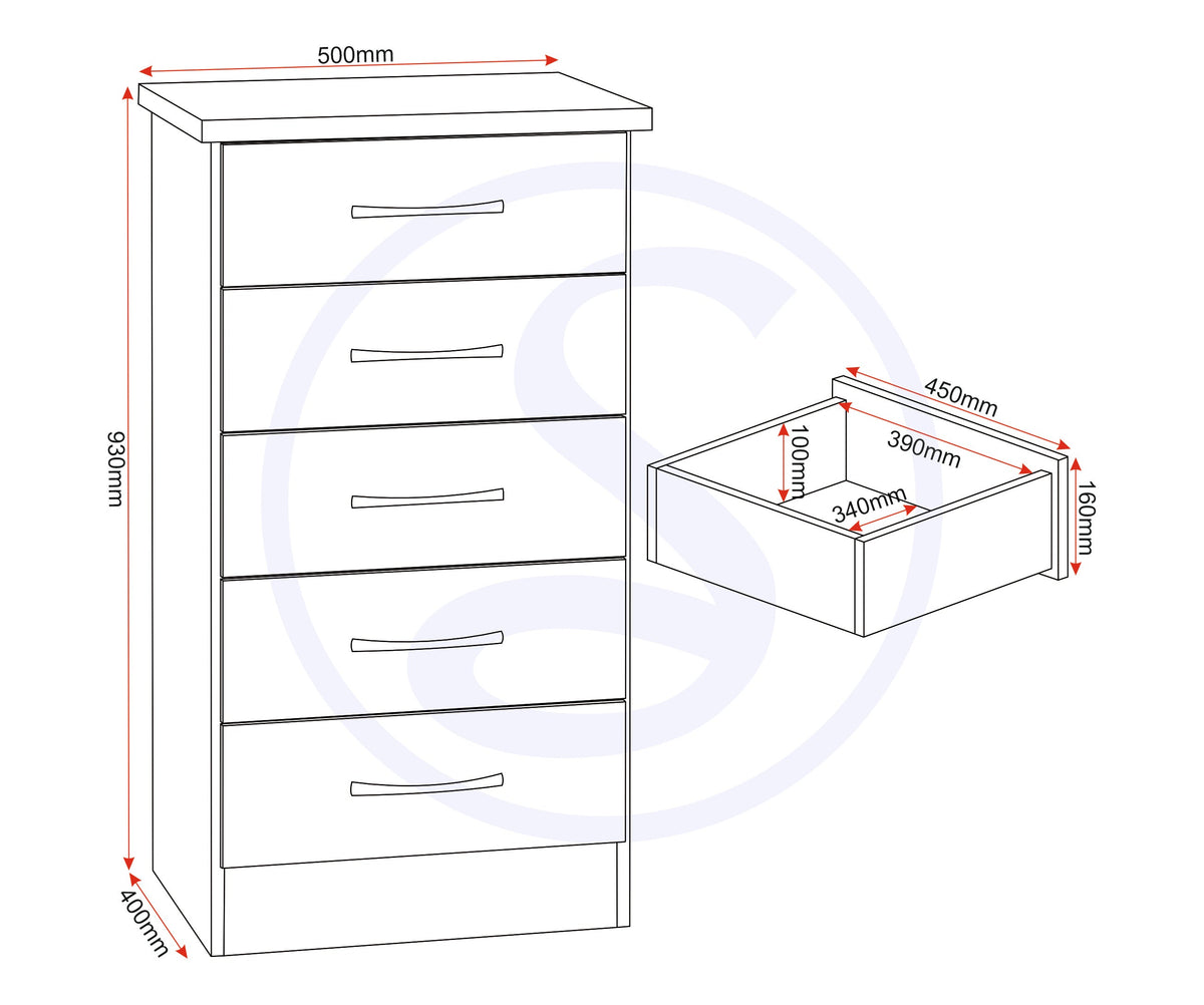 Nevada 5 Drawer Narrow Chest - Black Gloss - view 2