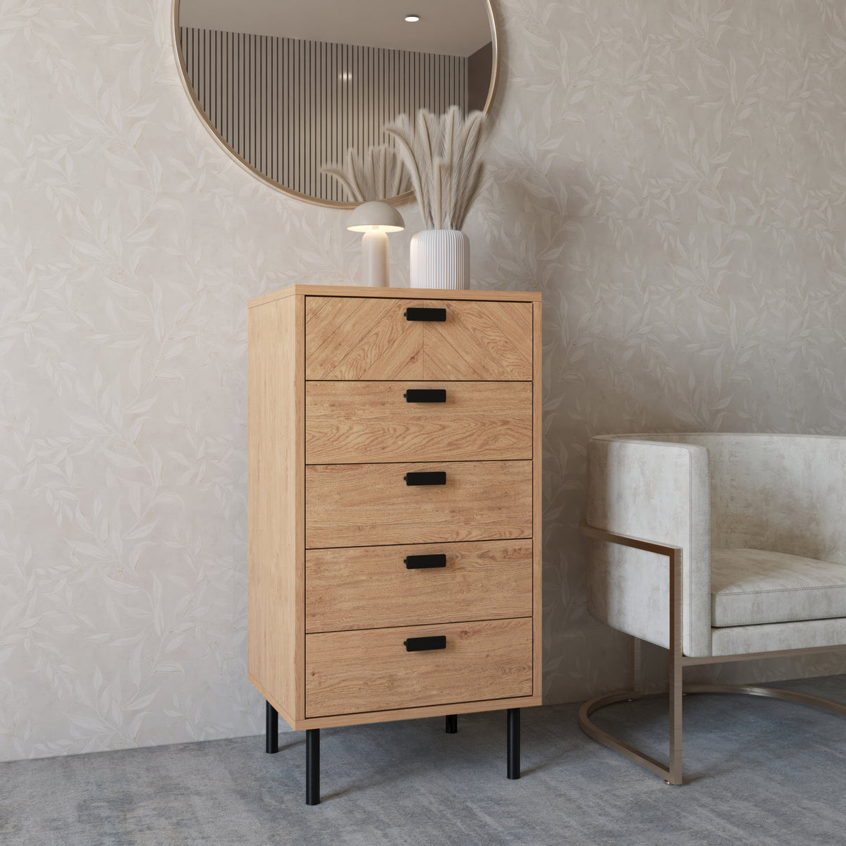Leon 5 Drawer Narrow Chest - Medium Oak Effect