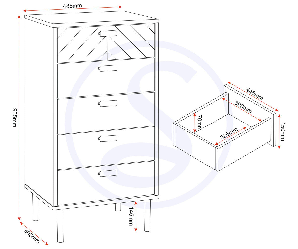 Leon 5 Drawer Narrow Chest - Medium Oak Effect - view 2