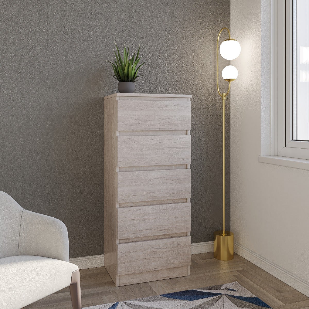 Malvern 5 Drawer Narrow Chest - Urban Snow
