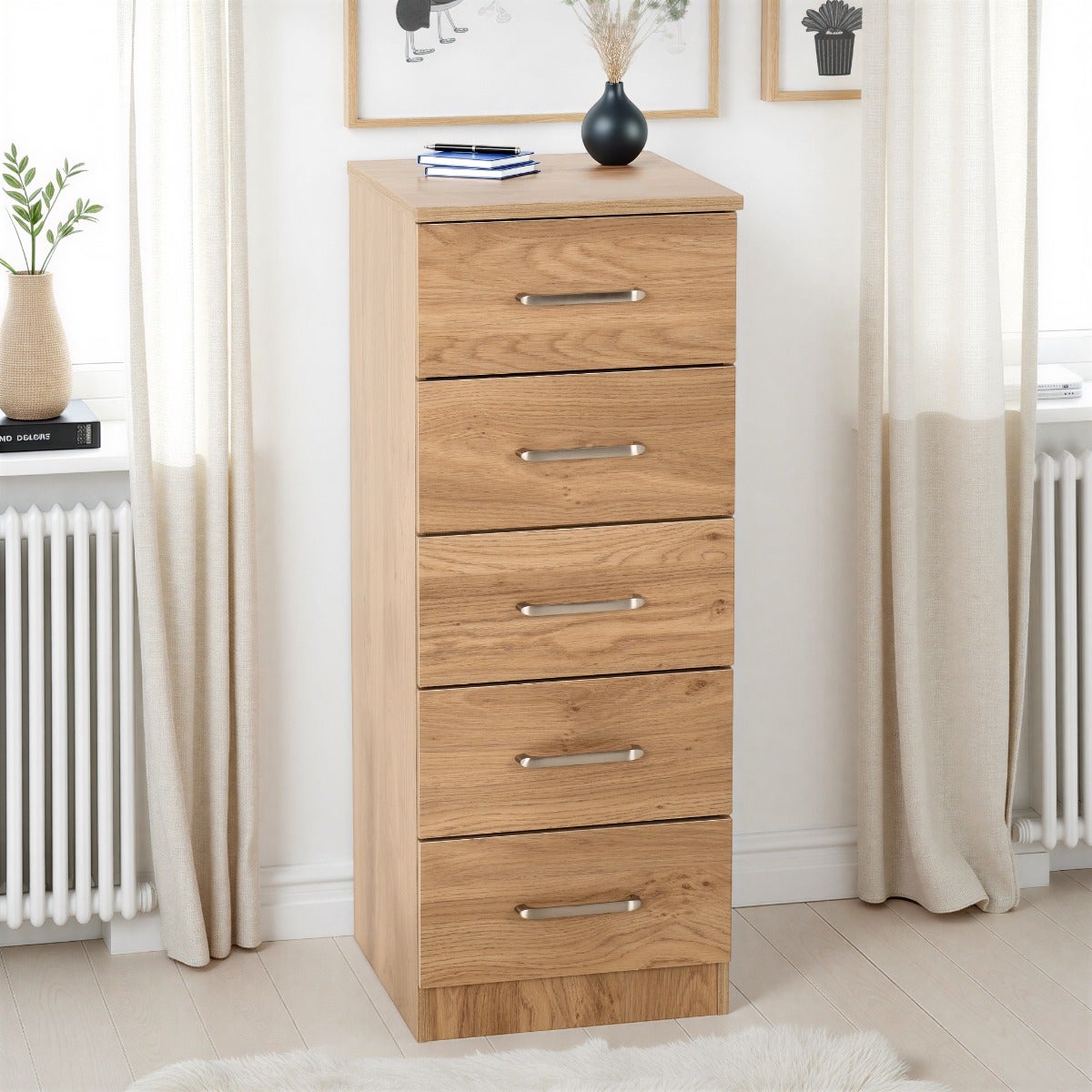 Dakota 5 Drawer Narrow Chest - Oak Effect
