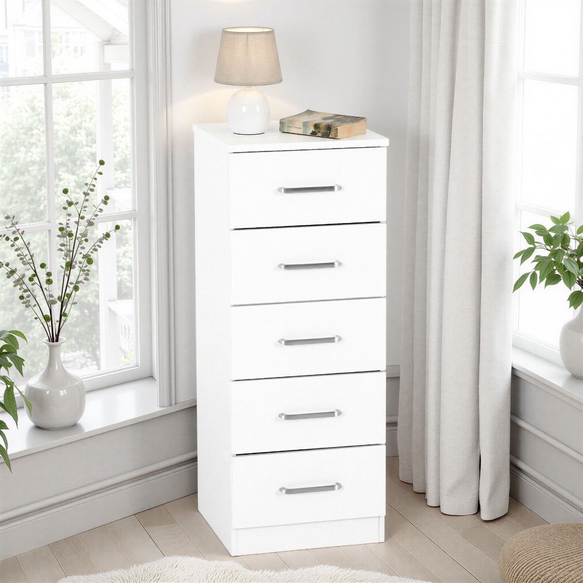 Dakota 5 Drawer Narrow Chest - White