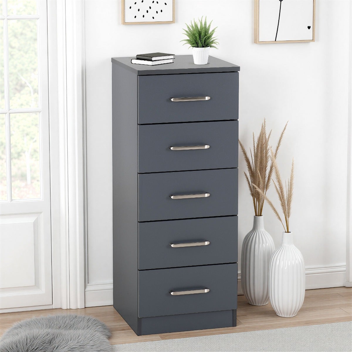 Dakota 5 Drawer Narrow Chest - Dark Grey