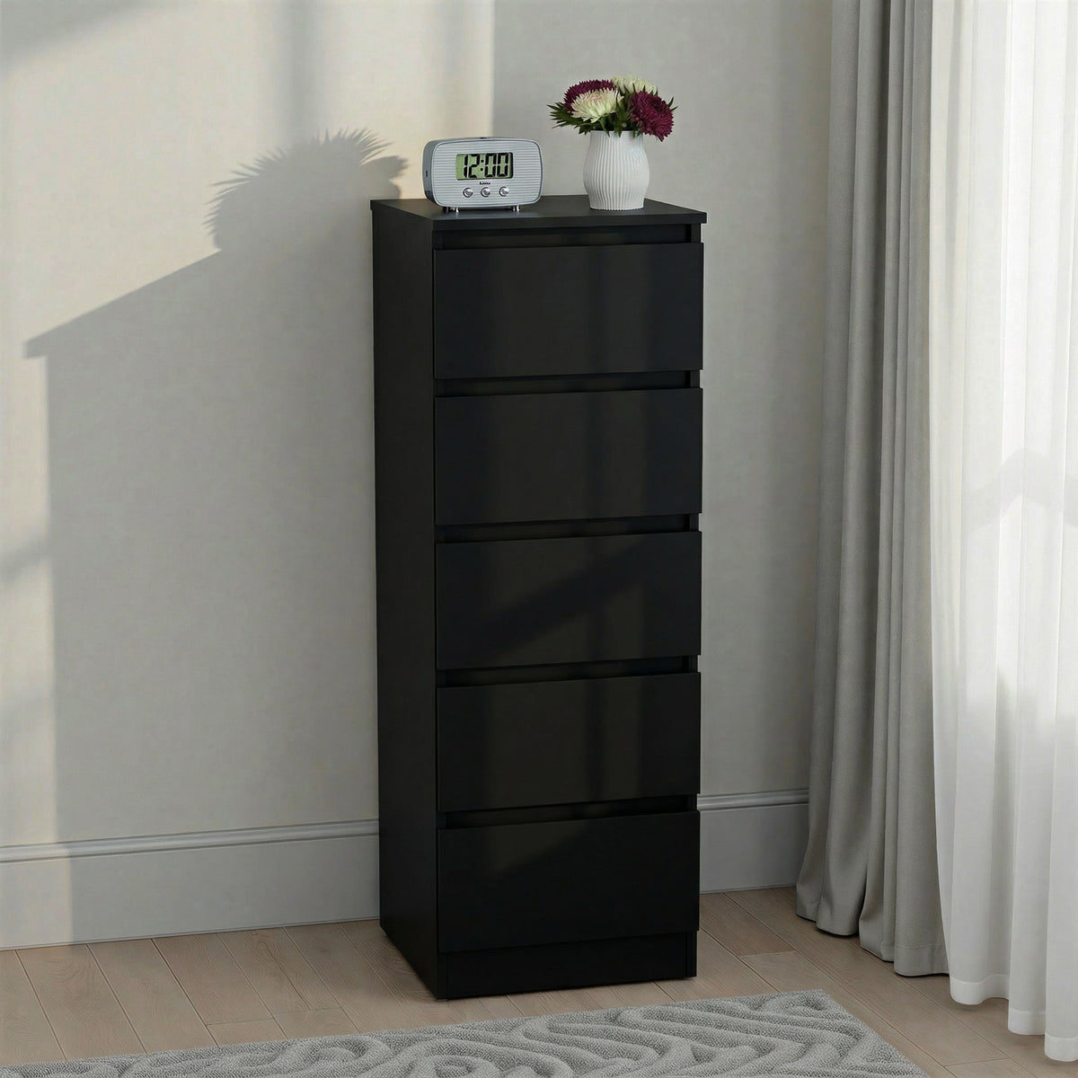 Malvern 5 Drawer Narrow Chest - Black