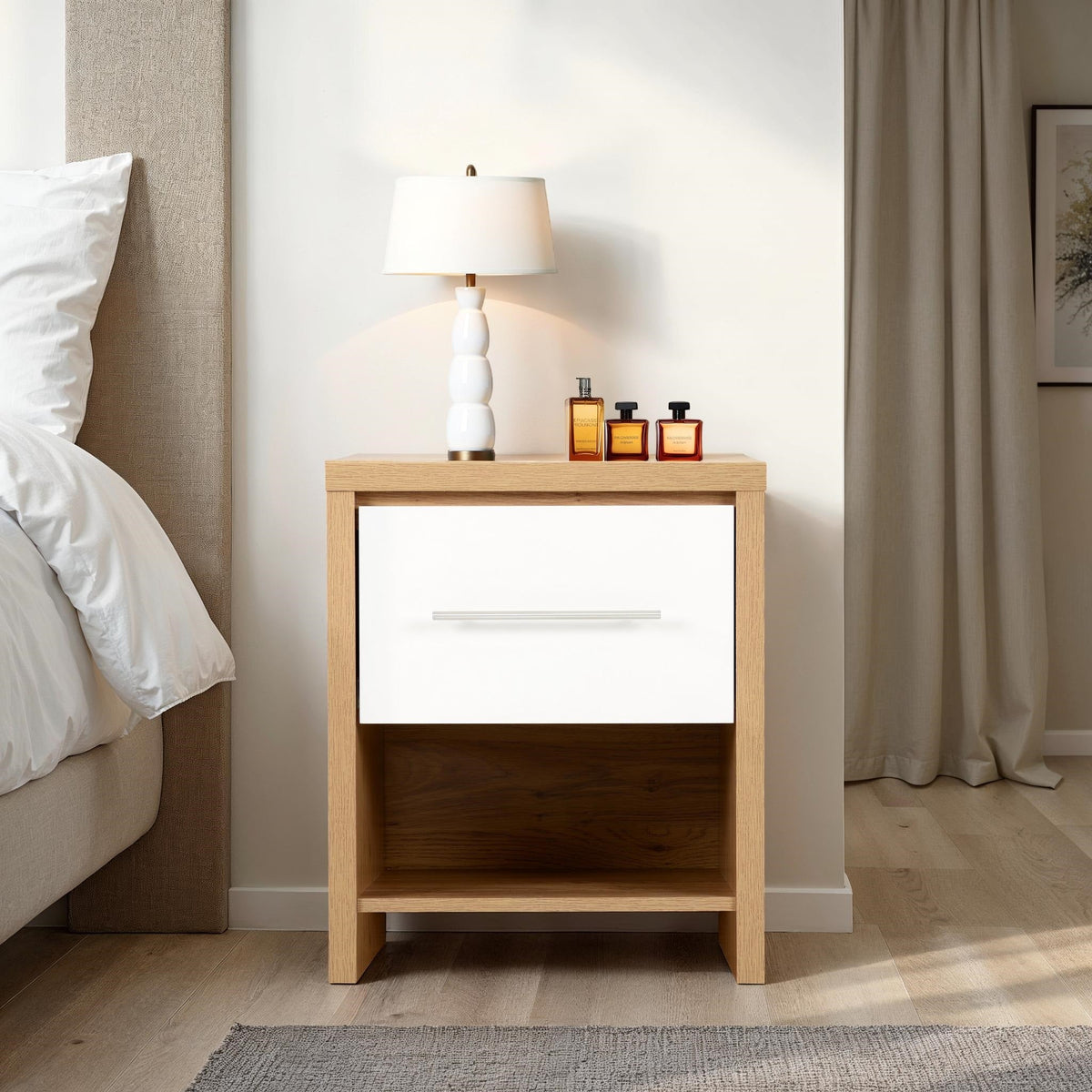 Seville 1 Drawer Bedside - White Gloss/Light Oak Effect Veneer