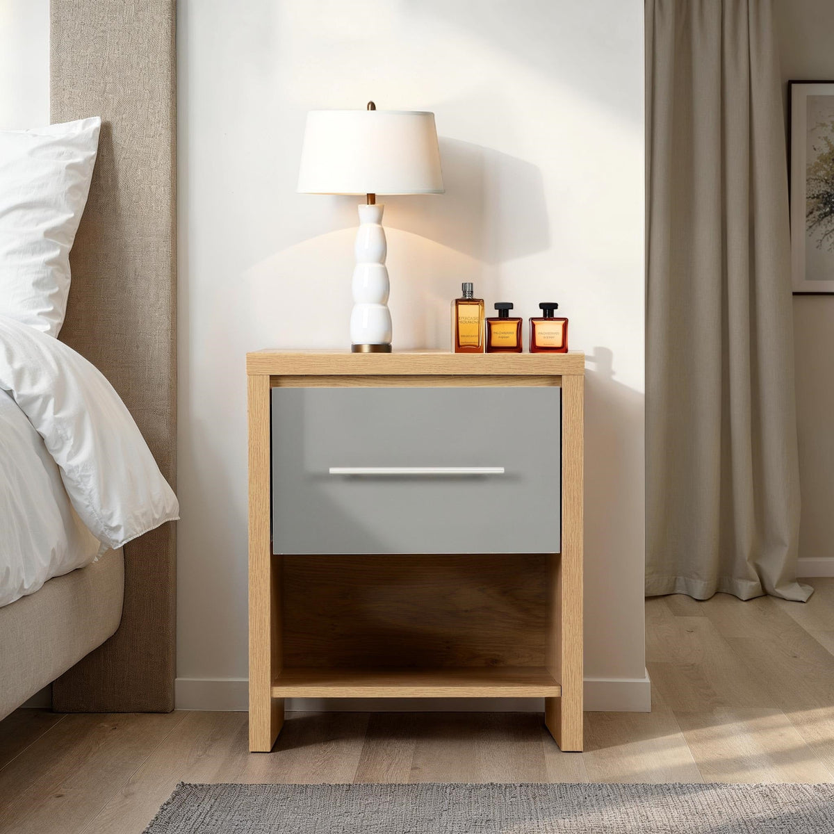 Seville 1 Drawer Bedside - Grey Gloss/Light Oak Effect Veneer