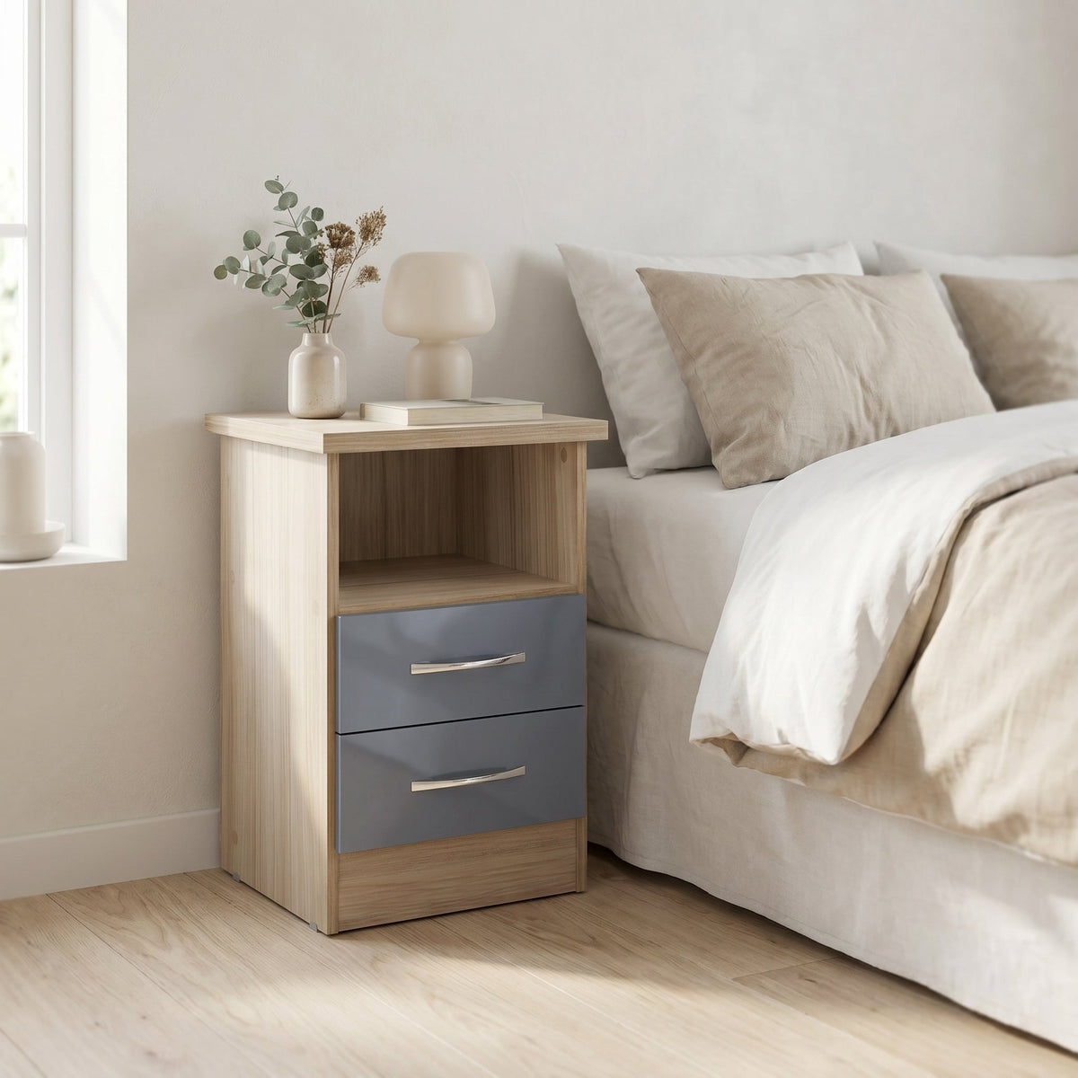 Nevada 2 Drawer Bedside - Grey Gloss/Light Oak Effect Veneer