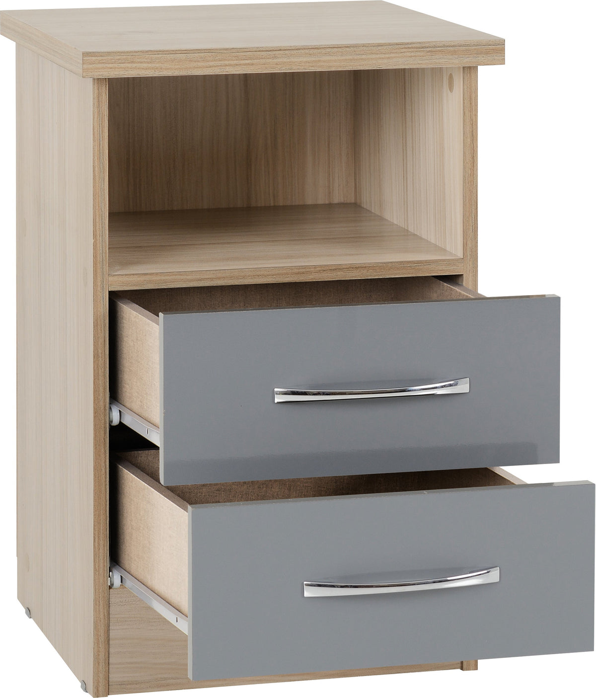 Nevada 2 Drawer Bedside - Grey Gloss/Light Oak Effect Veneer - view 8