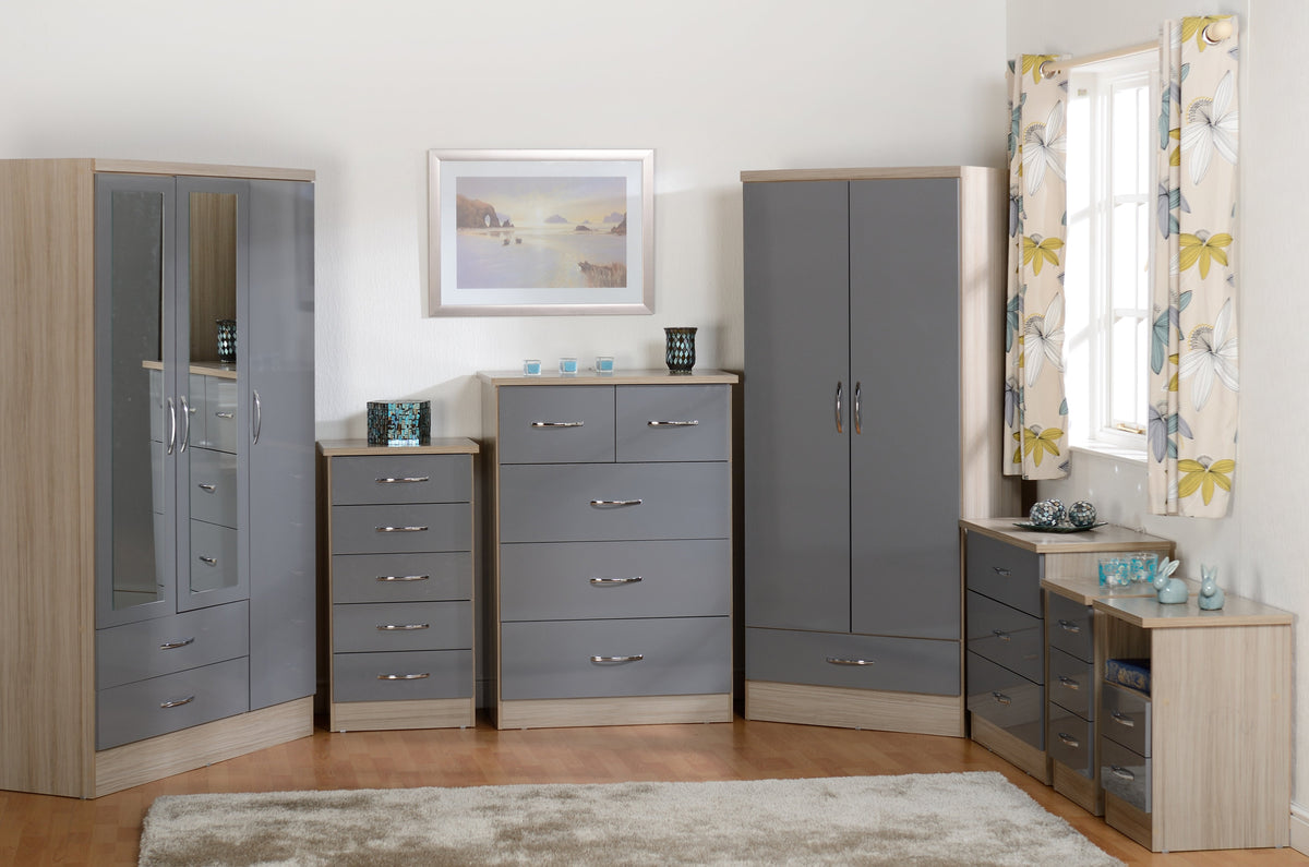 Nevada 2 Drawer Bedside - Grey Gloss/Light Oak Effect Veneer - view 3