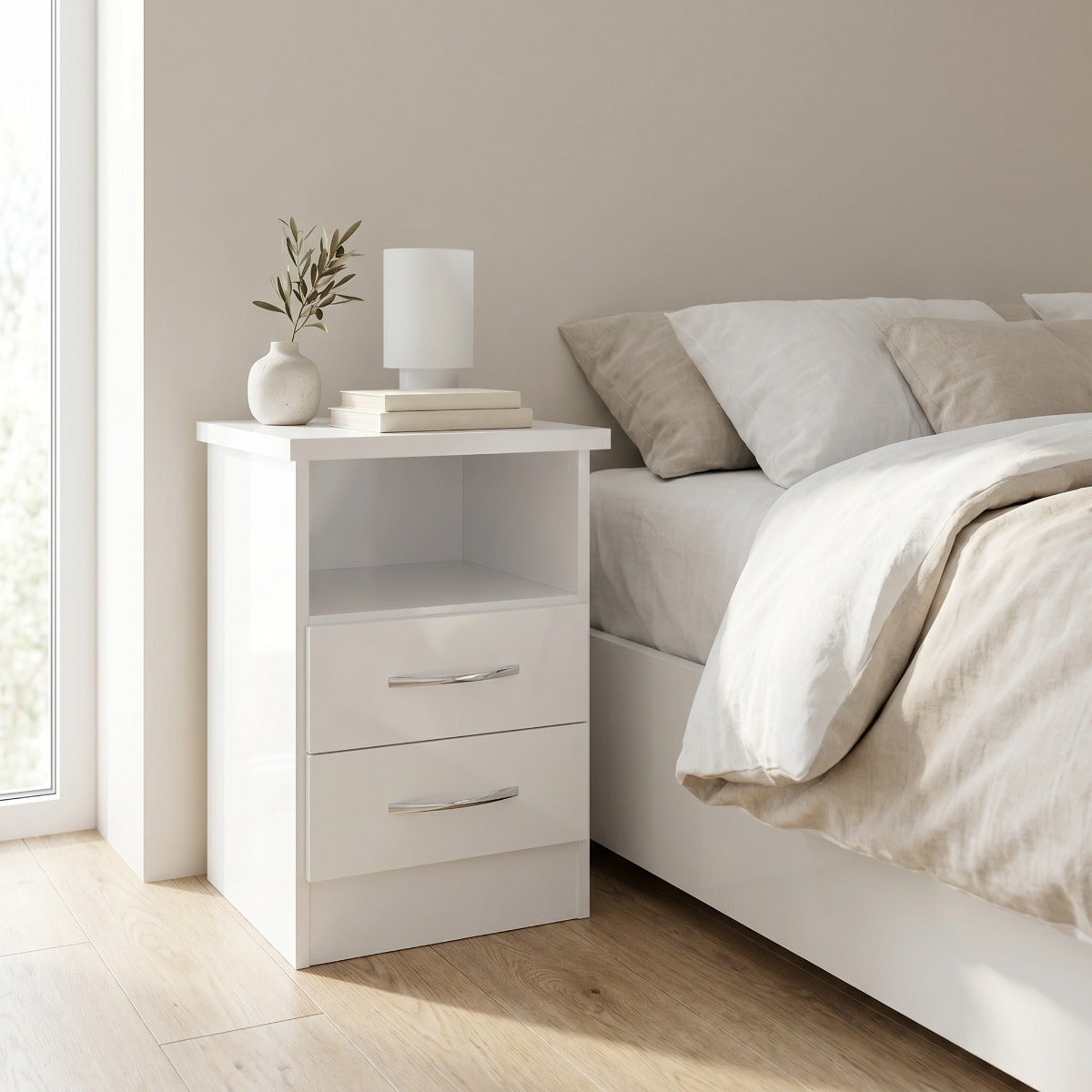 Nevada 2 Drawer Bedside - White Gloss