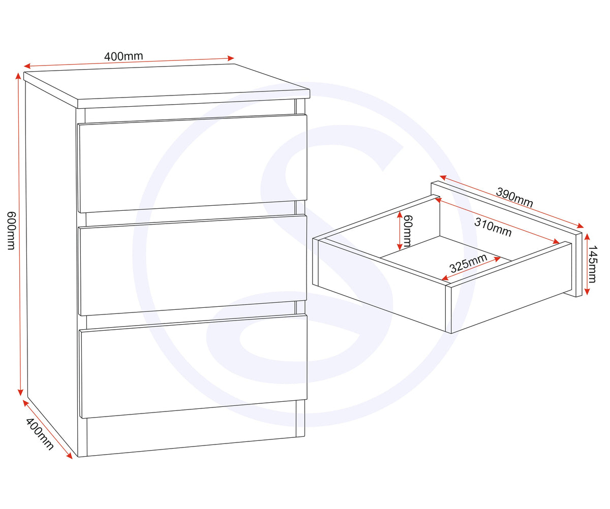 Malvern 3 Drawer Bedside X2 - White - view 3