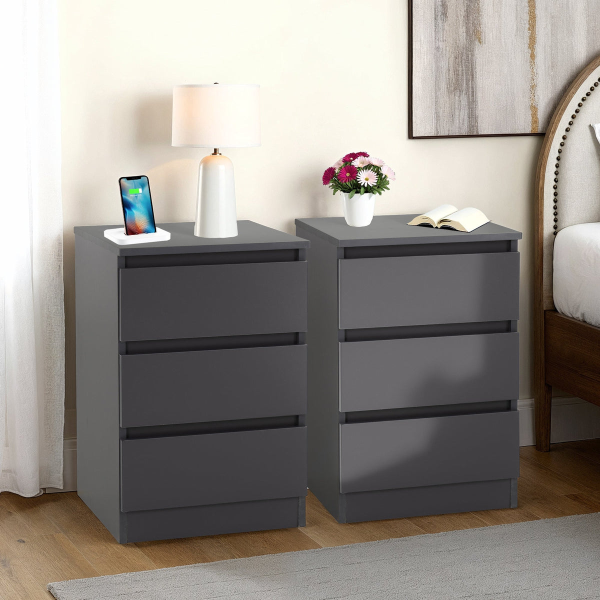 Malvern 3 Drawer Bedside X2 - Grey