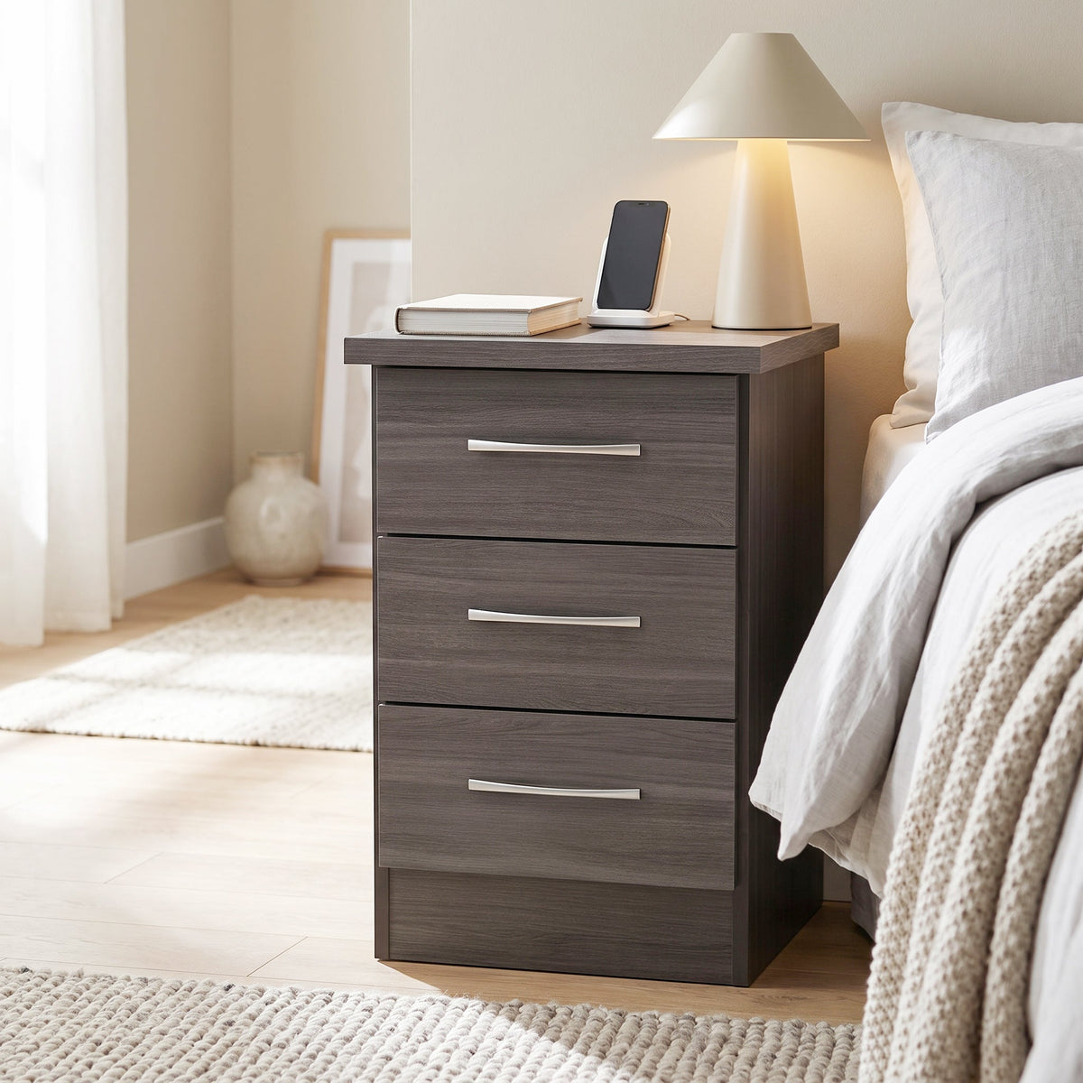 Nevada 3 Drawer Bedside - Black Wood Grain