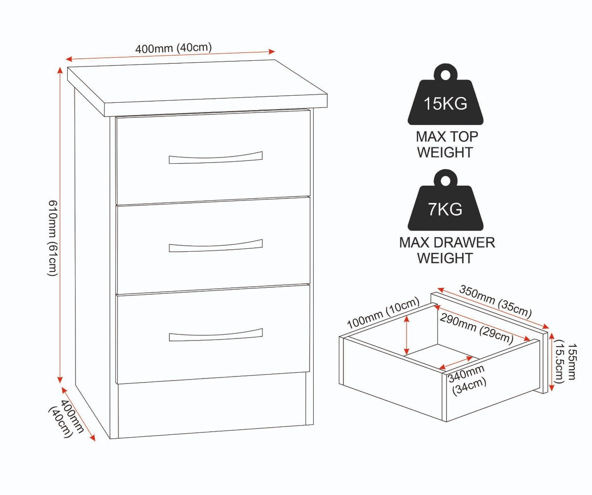 Nevada 3 Drawer Bedside - 3D Effect Grey - view 10