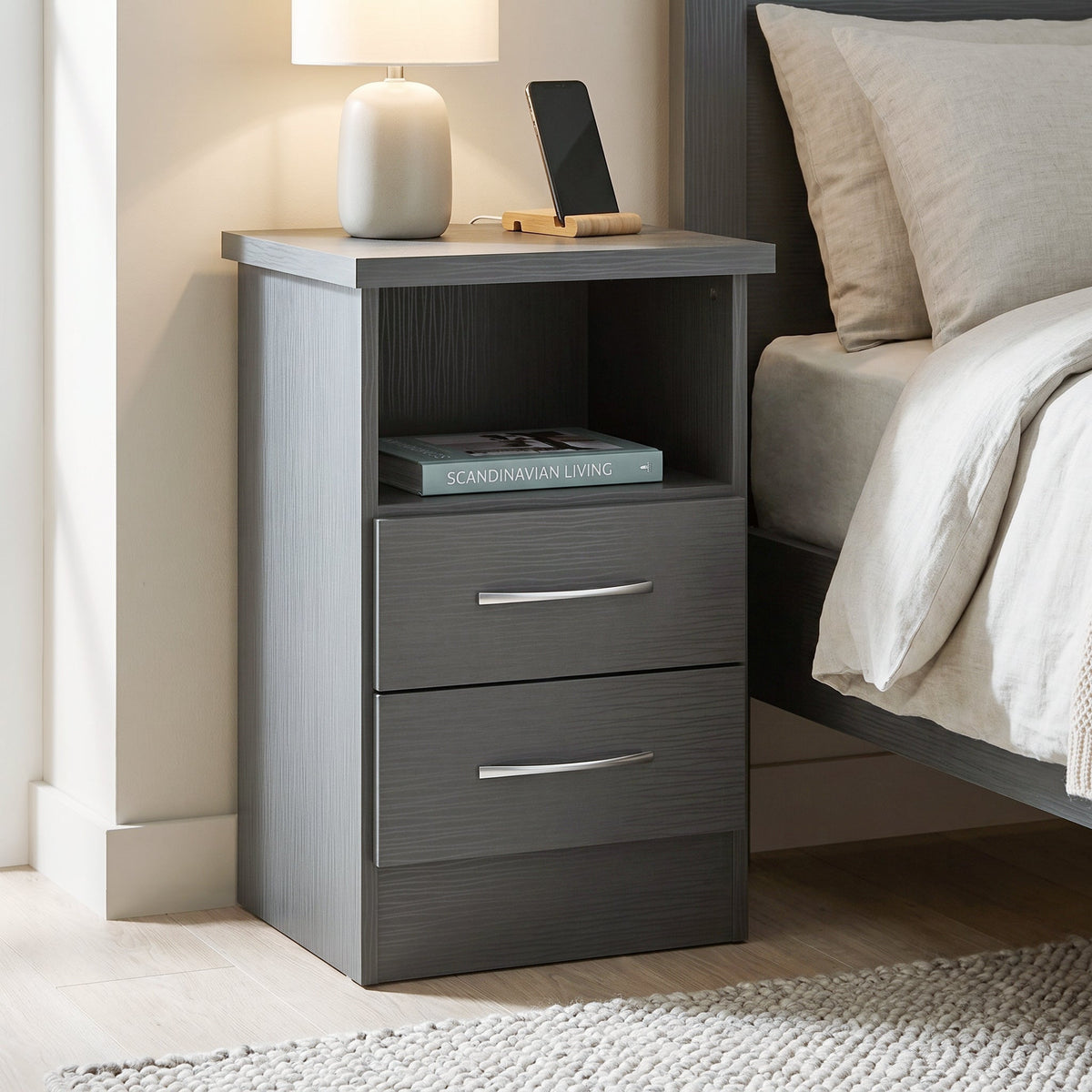 Nevada 2 Drawer Bedside - 3D Effect Grey