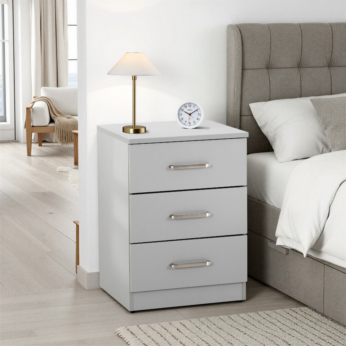Dakota 3 Drawer Bedside - Light Grey