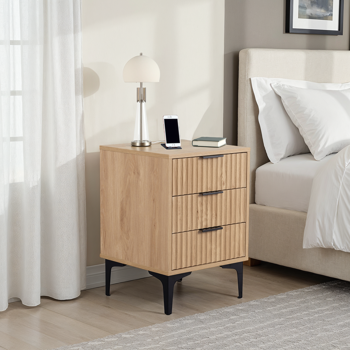 Miami 3 Drawer Bedside - Oak Effect/Black
