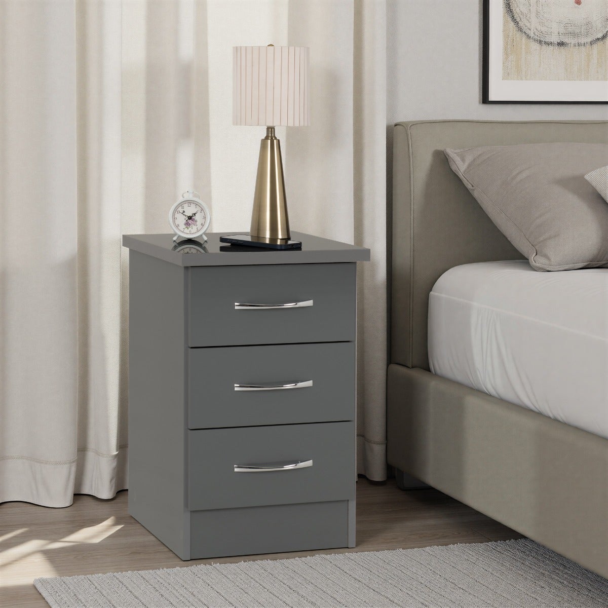 Nevada 3 Drawer Bedside - Grey Gloss