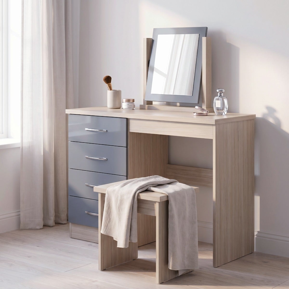 Nevada Dressing Table Set - Grey Gloss/Light Oak Effect Veneer
