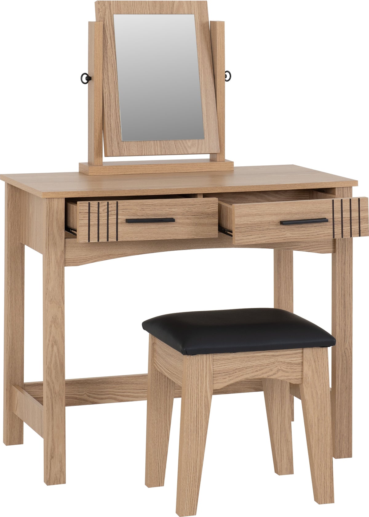 Tessa 2 Drawer Dressing Table Set - Natural Oak Effect/Black Faux Leather - view 13