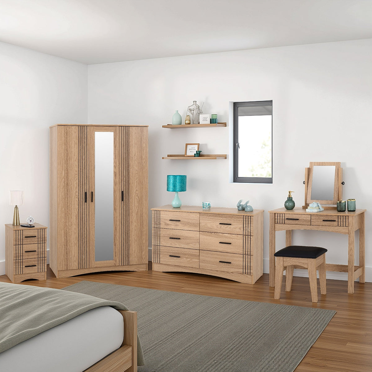 Tessa 2 Drawer Dressing Table Set - Natural Oak Effect/Black Faux Leather - view 5