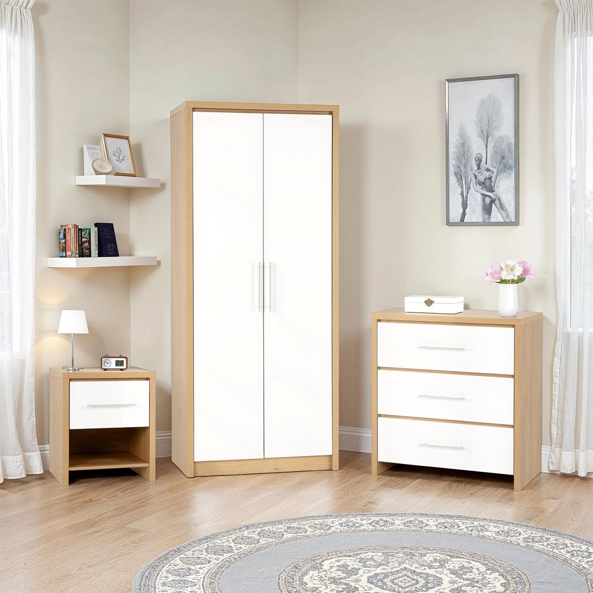 Seville Bedroom Set - White Gloss/Light Oak Effect Veneer