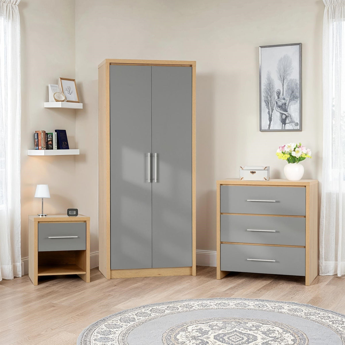 Seville Bedroom Set - Grey Gloss/Light Oak Effect Veneer