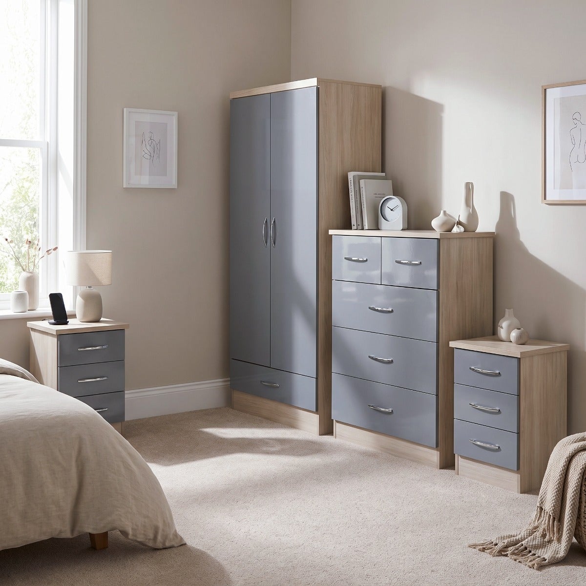 Nevada 2 Door 1 Drawer Wardrobe Bedroom Set - Grey Gloss/Light Oak Effect Veneer