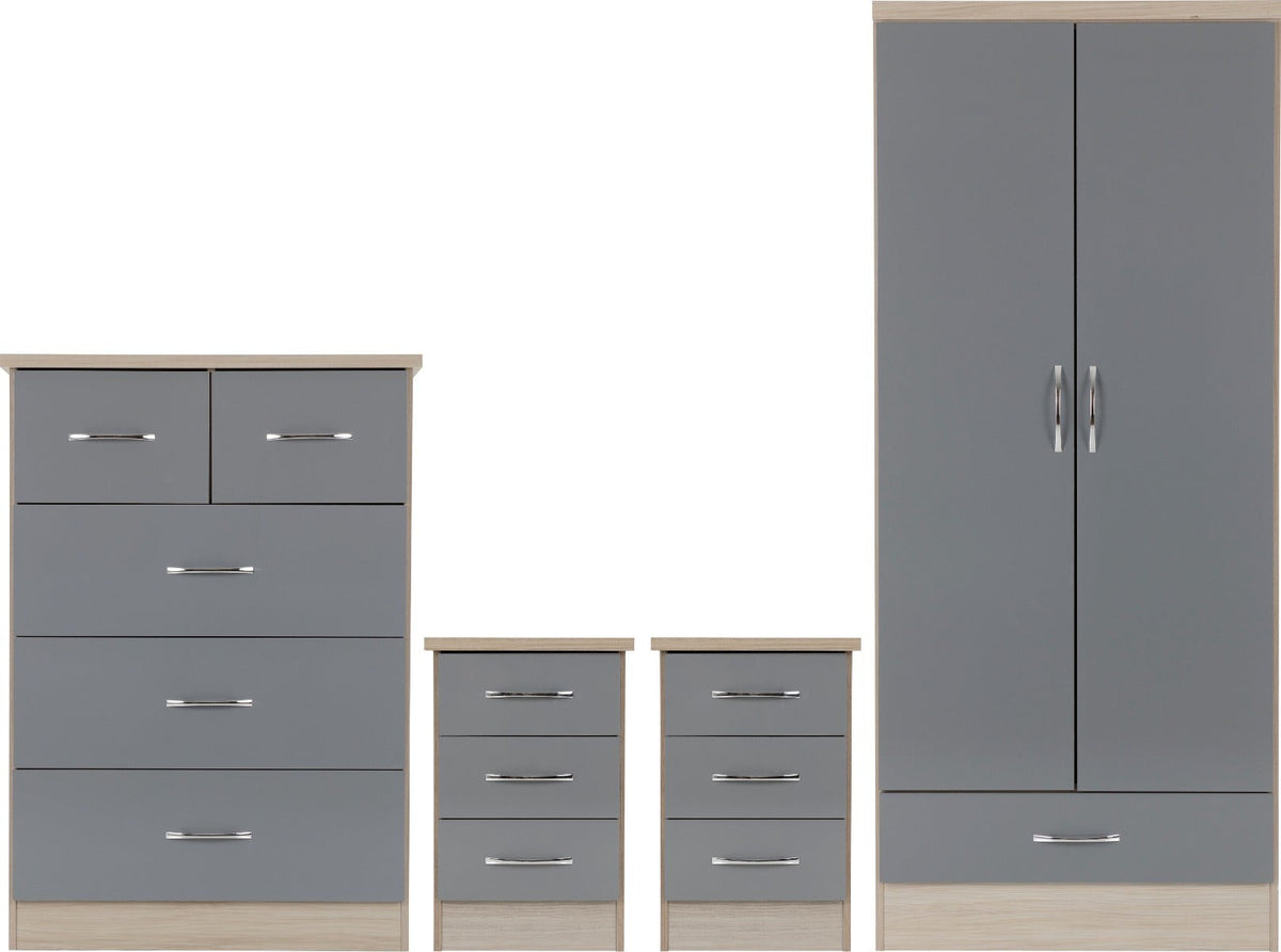 Nevada 2 Door 1 Drawer Wardrobe Bedroom Set - Grey Gloss/Light Oak Effect Veneer - view 2