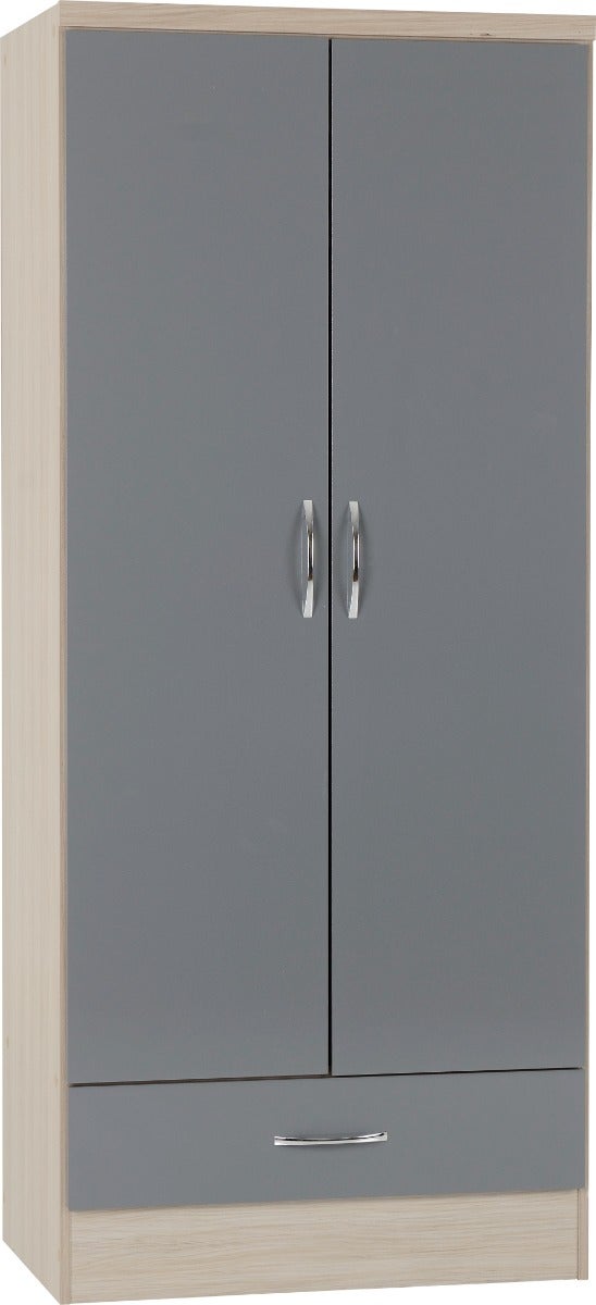 Nevada 2 Door 1 Drawer Wardrobe Bedroom Set - Grey Gloss/Light Oak Effect Veneer - view 3