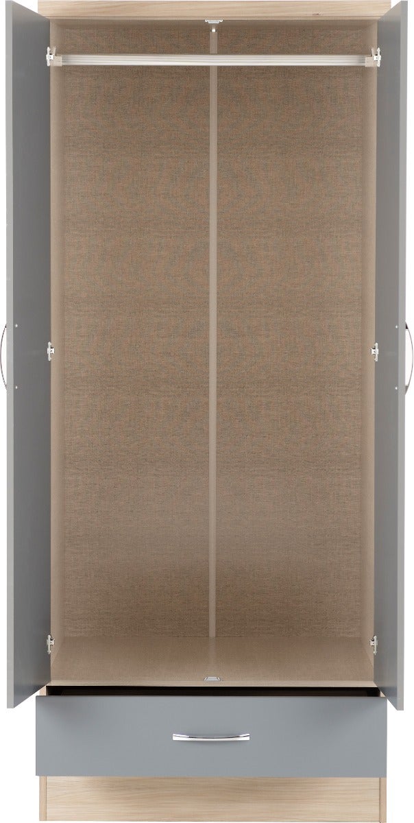 Nevada 2 Door 1 Drawer Wardrobe Bedroom Set - Grey Gloss/Light Oak Effect Veneer - view 4