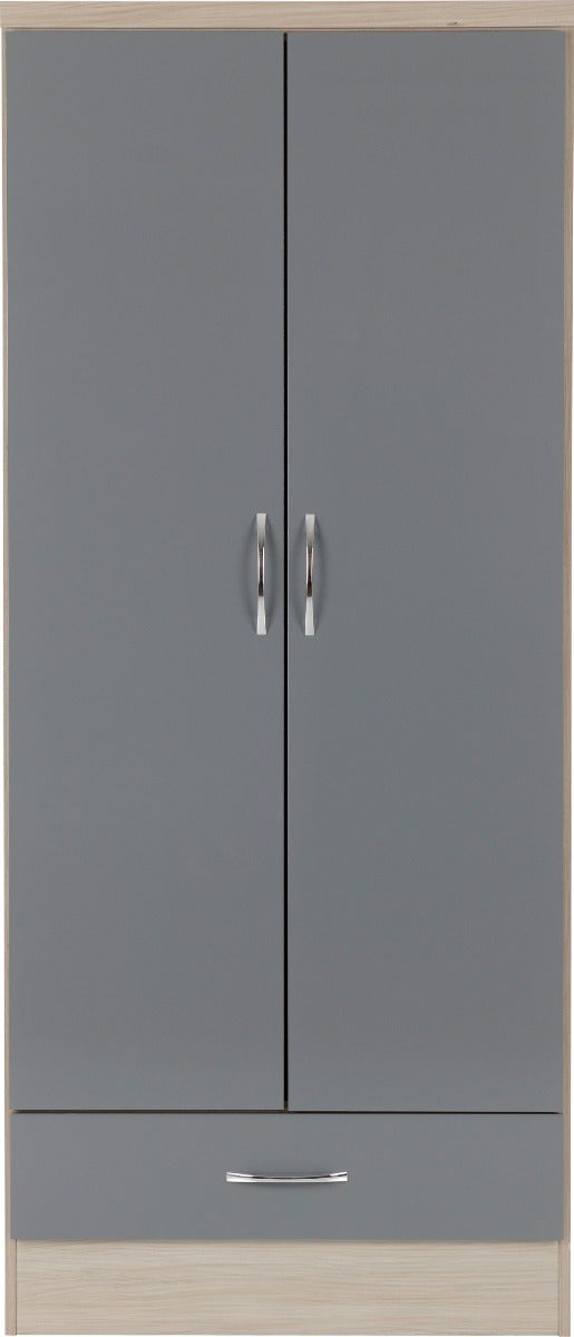 Nevada 2 Door 1 Drawer Wardrobe Bedroom Set - Grey Gloss/Light Oak Effect Veneer - view 5