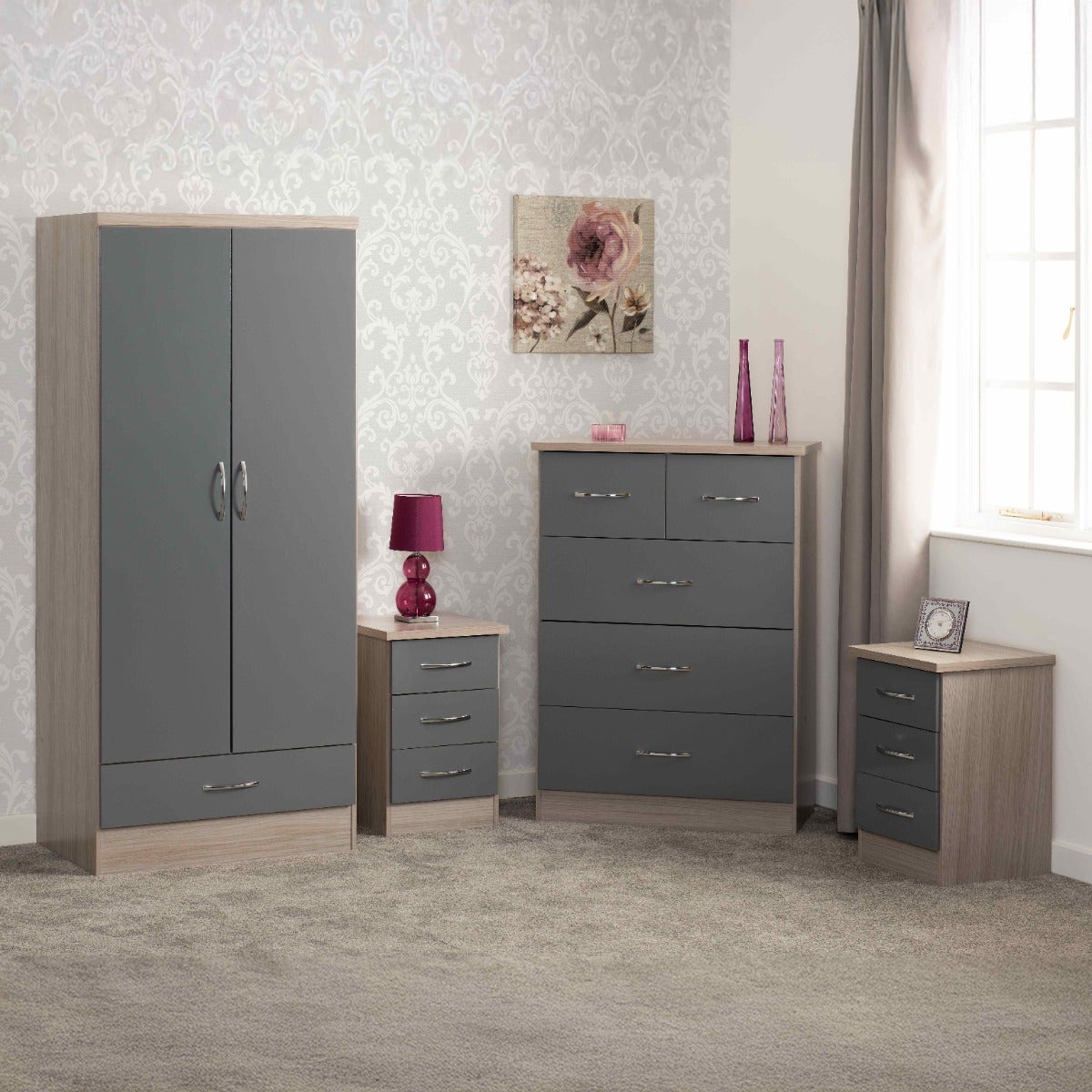 Nevada 2 Door 1 Drawer Wardrobe Bedroom Set - Grey Gloss/Light Oak Effect Veneer - view 18