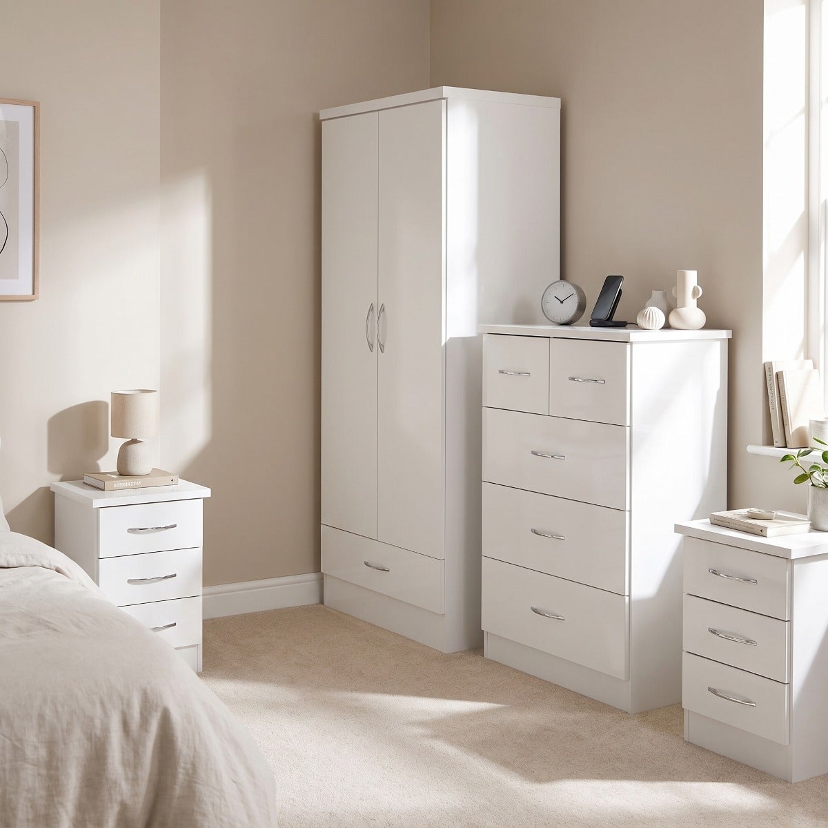 Nevada 2 Door 1 Drawer Wardrobe Bedroom Set - White Gloss