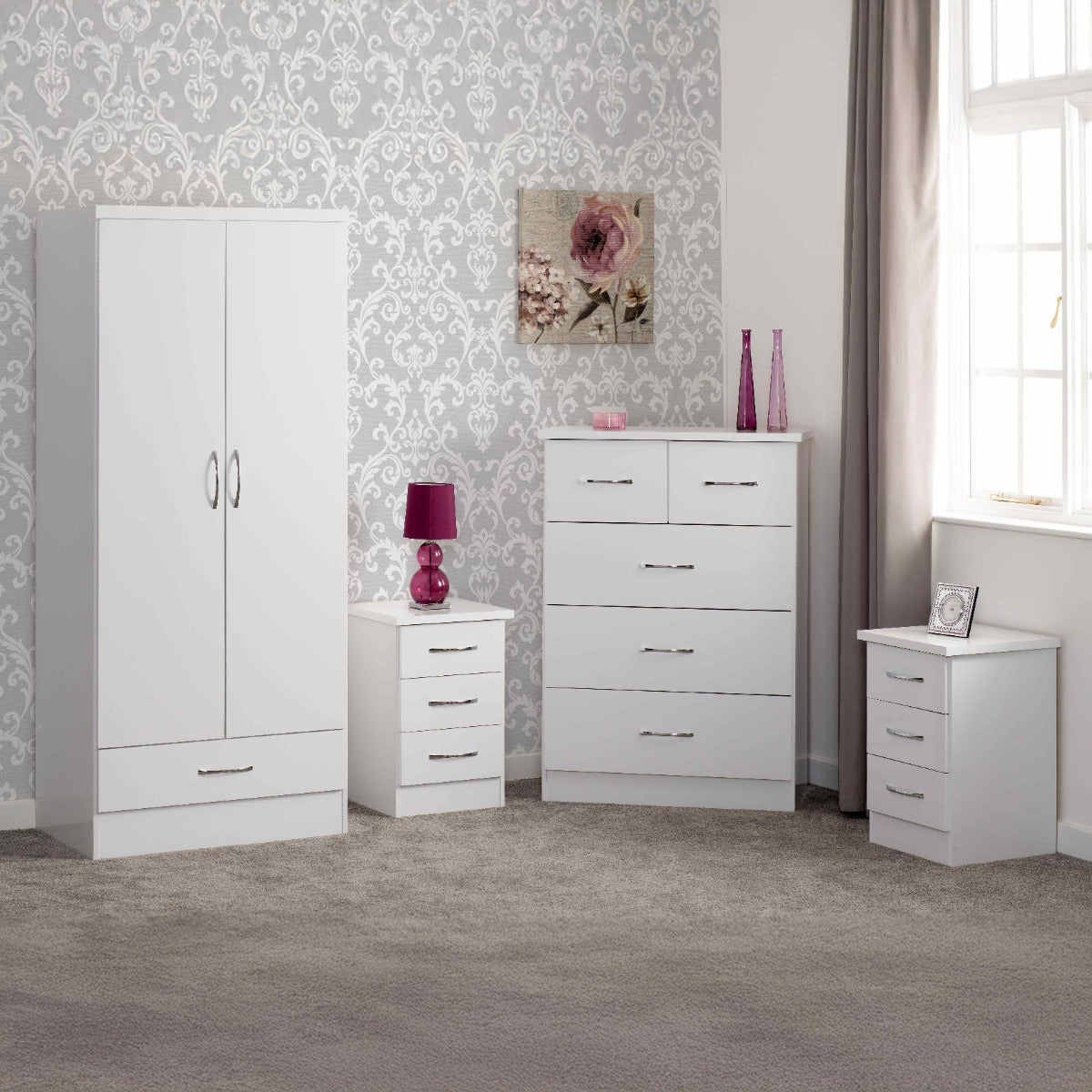 Nevada 2 Door 1 Drawer Wardrobe Bedroom Set - White Gloss - view 18