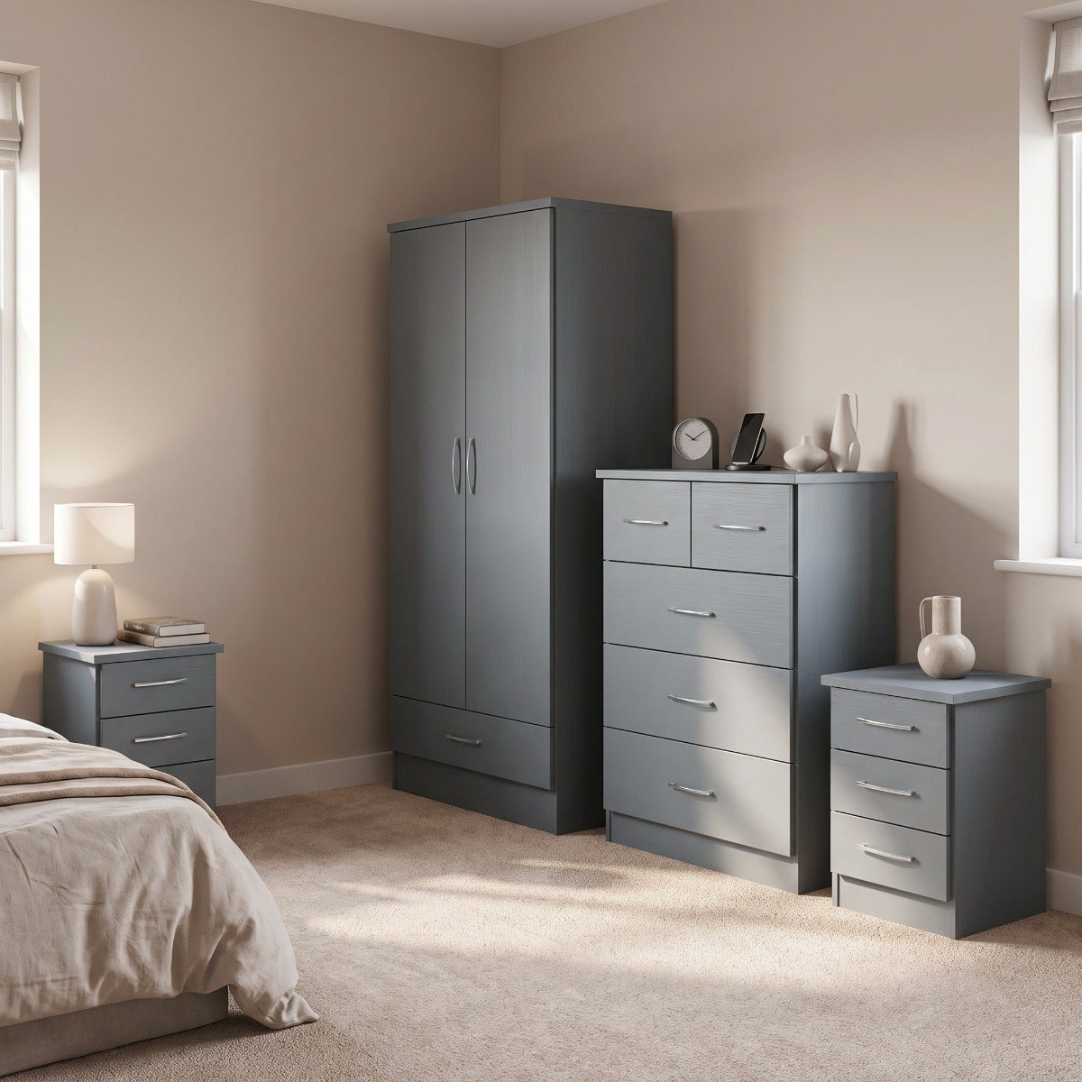 Nevada 2 Door 1 Drawer Wardrobe Bedroom Set - 3D Effect Grey