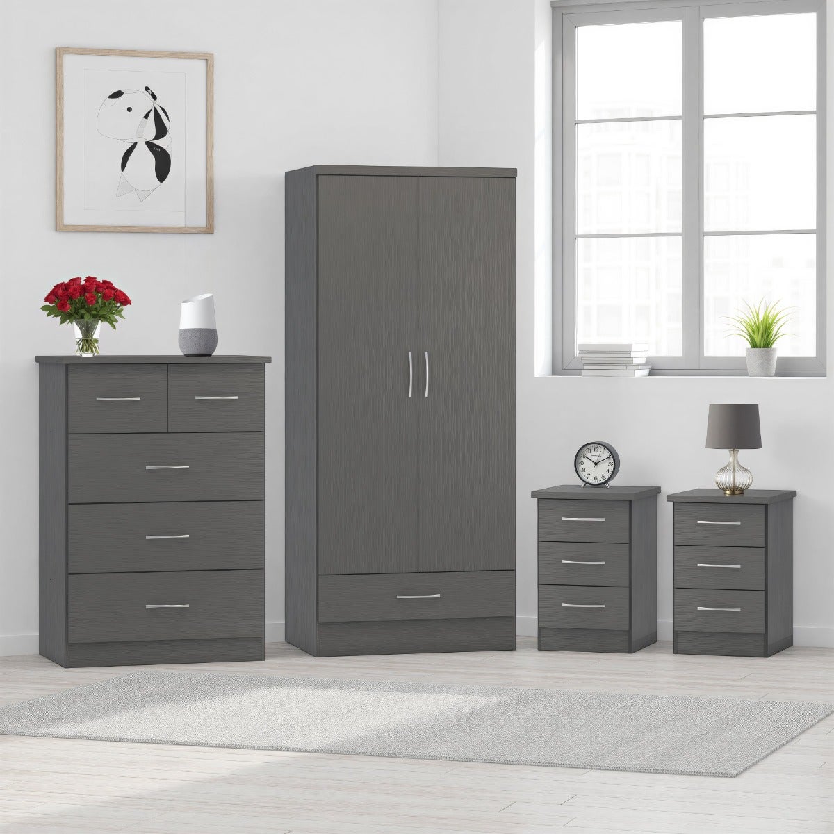 Nevada 2 Door 1 Drawer Wardrobe Bedroom Set - 3D Effect Grey - view 18