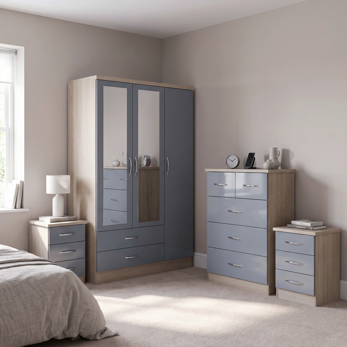 Nevada 3 Door 2 Drawer Wardrobe Bedroom Set - Grey Gloss/Light Oak Effect Veneer