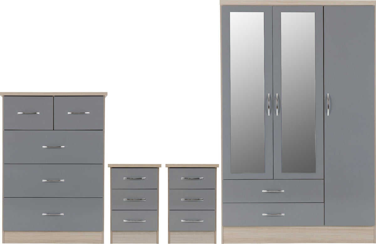 Nevada 3 Door 2 Drawer Wardrobe Bedroom Set - Grey Gloss/Light Oak Effect Veneer - view 2