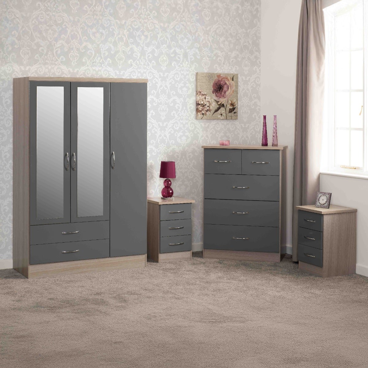 Nevada 3 Door 2 Drawer Wardrobe Bedroom Set - Grey Gloss/Light Oak Effect Veneer - view 18