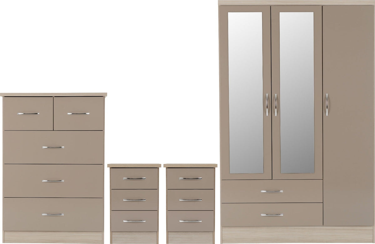 Nevada 3 Door 2 Drawer Wardrobe Bedroom Set - Oyster Gloss/Light Oak Effect Veneer - view 2