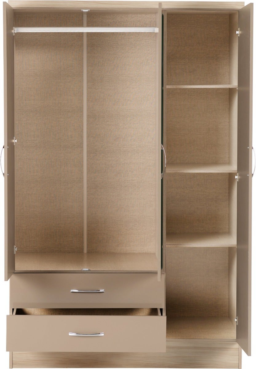 Nevada 3 Door 2 Drawer Wardrobe Bedroom Set - Oyster Gloss/Light Oak Effect Veneer - view 4