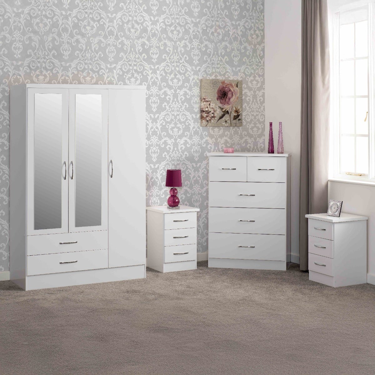 Nevada 3 Door 2 Drawer Wardrobe Bedroom Set - White Gloss - view 18