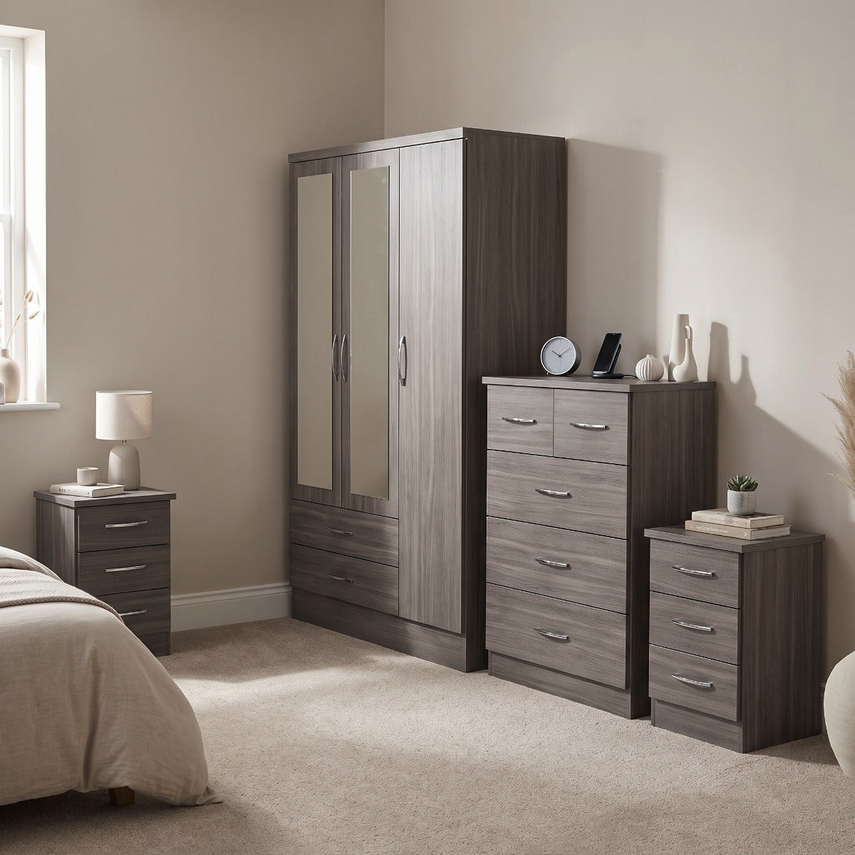 Nevada 3 Door 2 Drawer Wardrobe Bedroom Set - Black Wood Grain