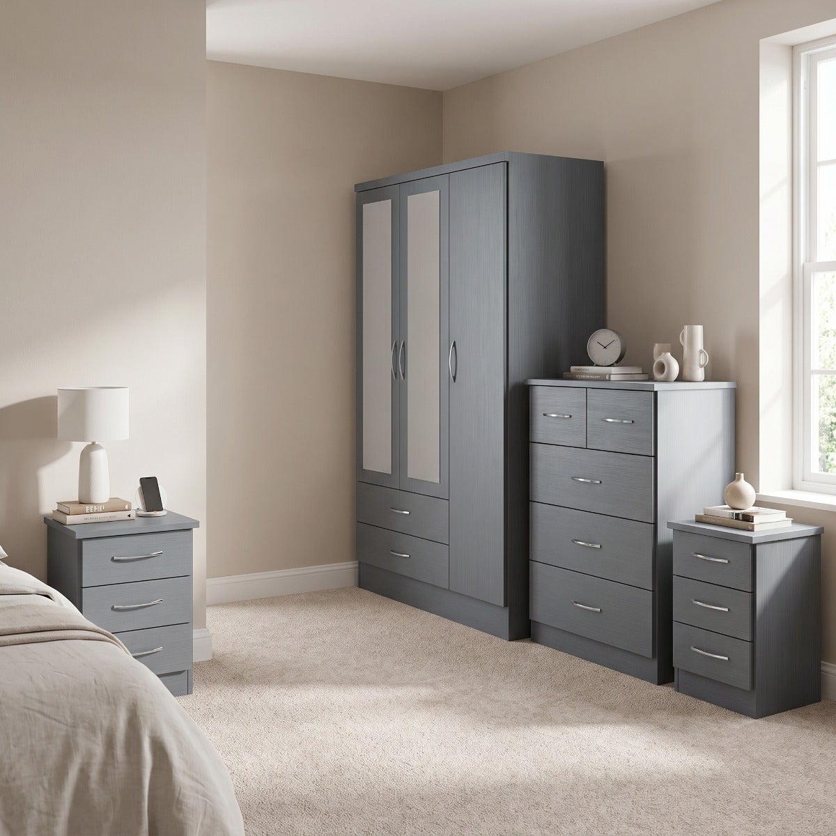 Nevada 3 Door 2 Drawer Wardrobe Bedroom Set - 3D Effect Grey