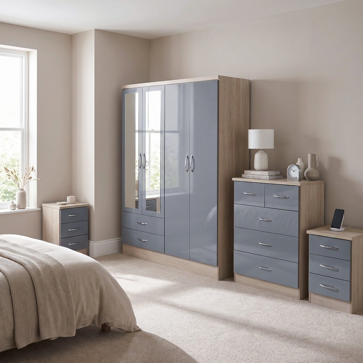 Nevada 4 Door 2 Drawer Wardrobe Bedroom Set - Grey Gloss/Light Oak Effect Veneer