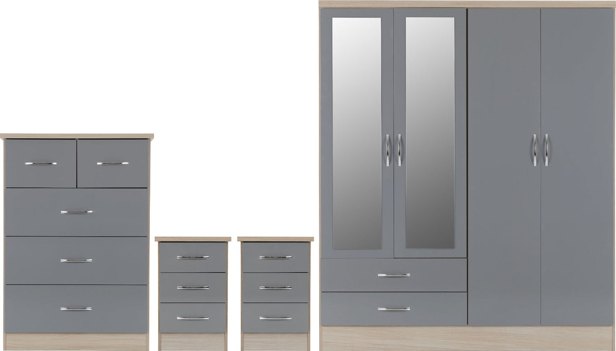Nevada 4 Door 2 Drawer Wardrobe Bedroom Set - Grey Gloss/Light Oak Effect Veneer - view 2