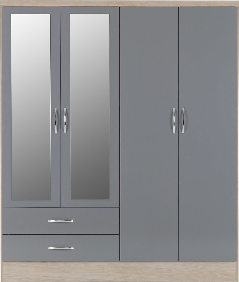 Nevada 4 Door 2 Drawer Wardrobe Bedroom Set - Grey Gloss/Light Oak Effect Veneer - view 4