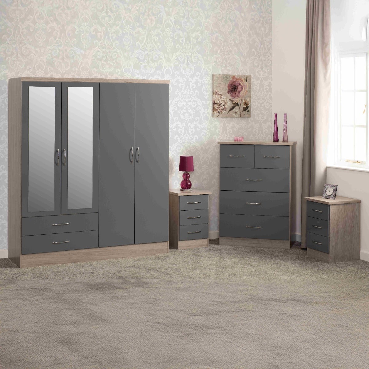 Nevada 4 Door 2 Drawer Wardrobe Bedroom Set - Grey Gloss/Light Oak Effect Veneer - view 18